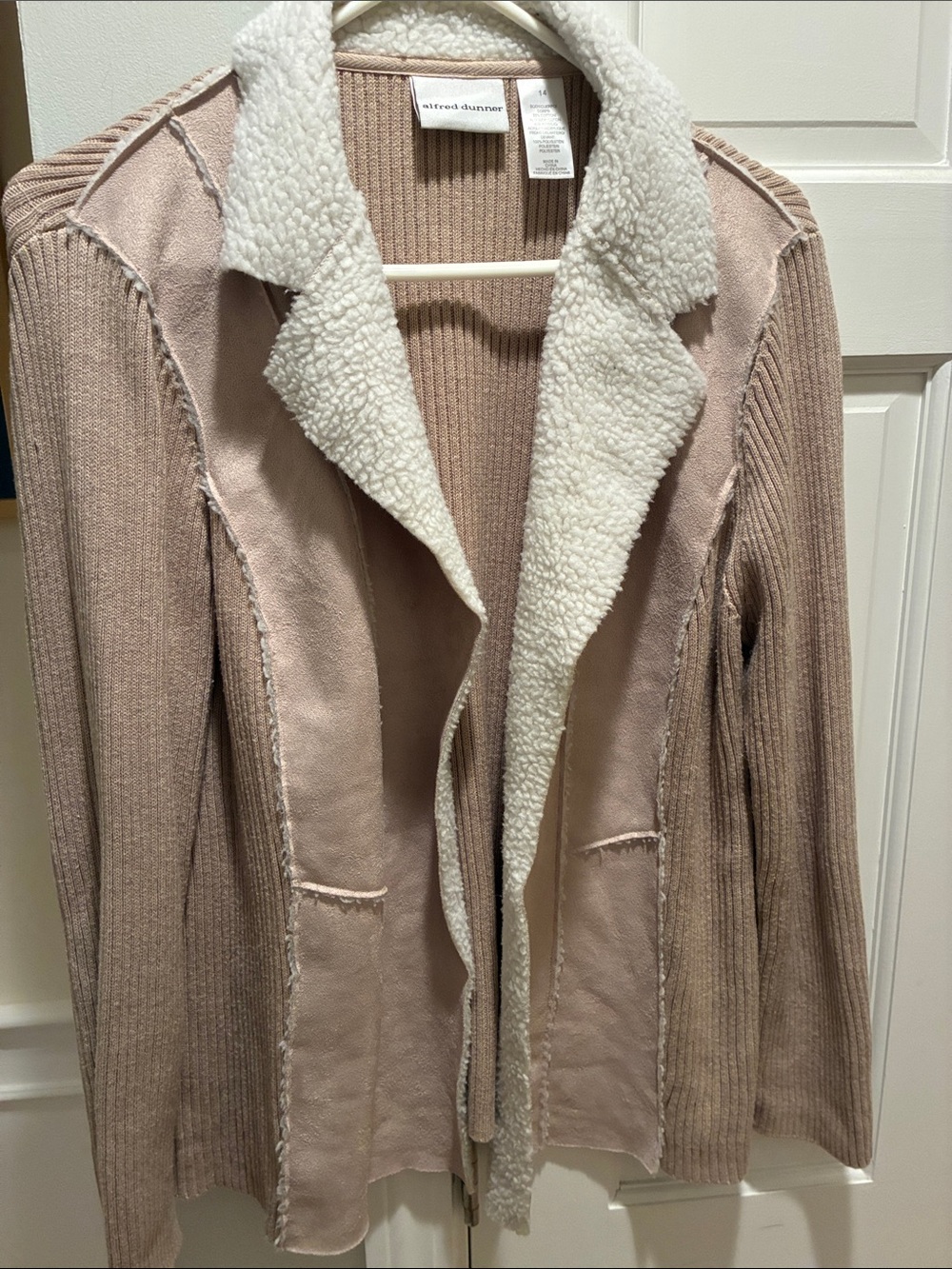 Alfred Dunner Tan Ribbed Cardigan with Cream Sherpa Trim